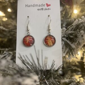 Handmade Poured Paint Round Earrings Swirl Red Stainless Steel Elderly Artisan